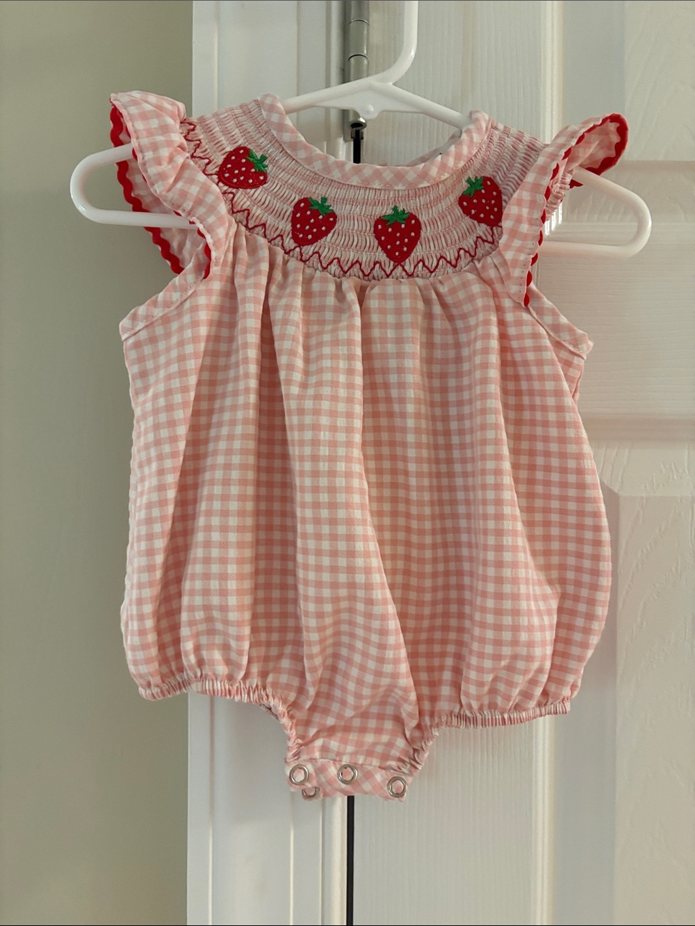 Pink Gingham Strawberry Smocked Bubble Romper